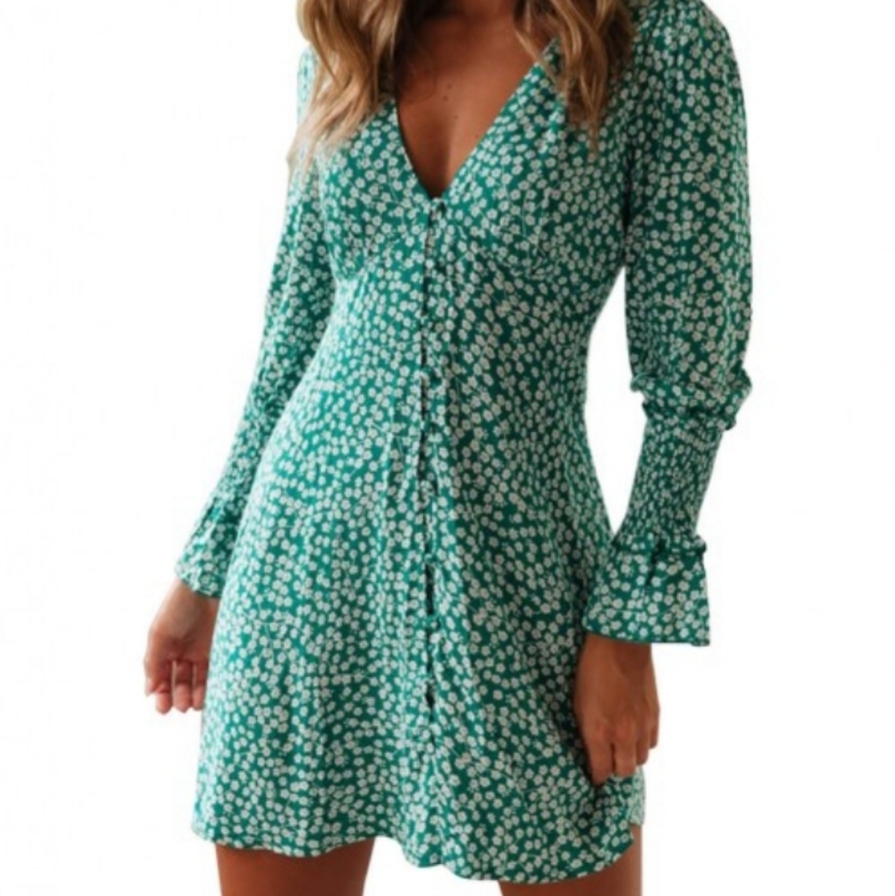 Green floral Print Boho Ruffled Dress